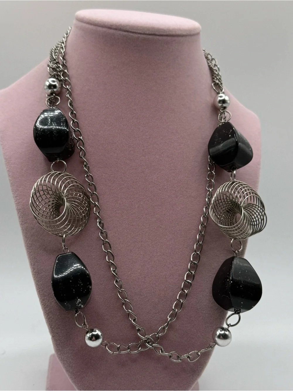 Elegant Black Bead & Silver Spiral Long Necklace